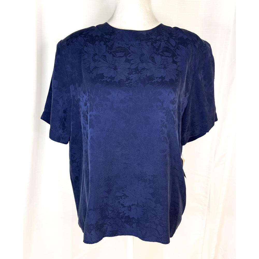Anna and Frank Blouse L NWT 100% Washable Silk Blue Floral Jacquard